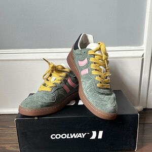 Coolway Green Suede Sneakers with Pink Stripes and Yellow Laces